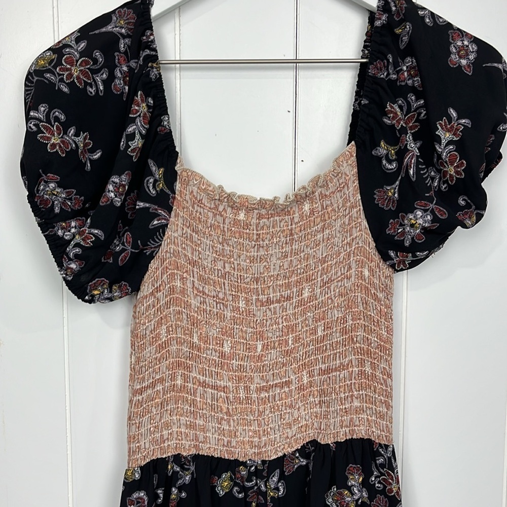 Haptic Holly Harper Womens Midi Dress No Size Tag Burgundy/Black Smocking Floral - Picture 8 of 14